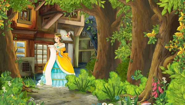 Scena della natura dei cartoni animati con strada medievale della città e con bella principessa ragazza in piedi e la lettura - illustrazione per bambini — Foto Stock
