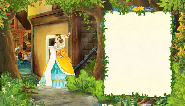 Kreslená přírodní scéna se středověkou ulicí města a krásnou dívkou princeznou stojící a čtoucí - ilustrace pro děti — Stock fotografie