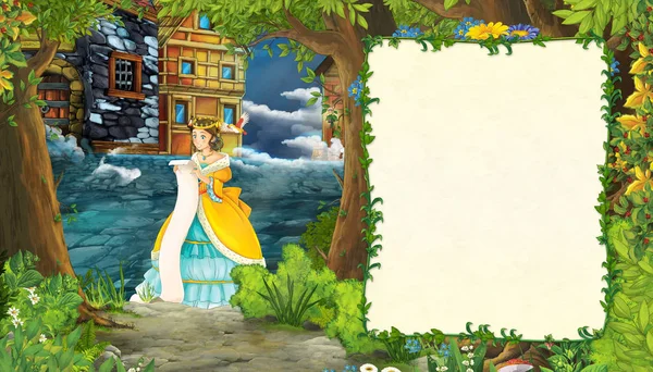 मध्ययुगीन शहर की सड़क के साथ कार्टून प्रकृति दृश्य और सुंदर लड़की राजकुमारी के साथ खड़े और पढ़ना बच्चों के लिए चित्रण — स्टॉक फ़ोटो, इमेज