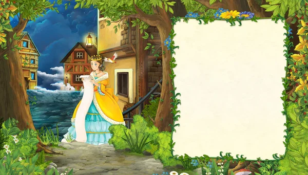 Cartoon-Natur-Szene mit mittelalterlicher Stadtstraße und schöner Prinzessin, die steht und liest - Illustration für Kinder — Stockfoto