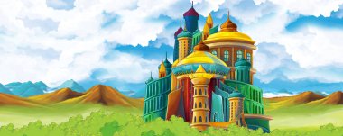 Ormanın yakınındaki güzel şatolu çizgi film doğa sahnesi - çocuklar için illüstrasyon