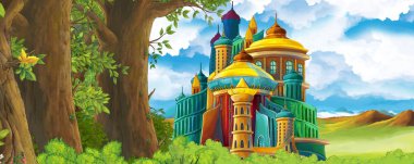 Ormanın yakınındaki güzel şatolu çizgi film doğa sahnesi - çocuklar için illüstrasyon