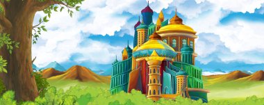 Ormanın yakınındaki güzel şatolu çizgi film doğa sahnesi - çocuklar için illüstrasyon