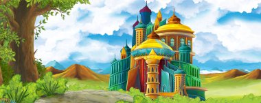 Ormanın yakınındaki güzel şatolu çizgi film doğa sahnesi - çocuklar için illüstrasyon