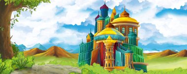 Ormanın yakınındaki güzel şatolu çizgi film doğa sahnesi - çocuklar için illüstrasyon