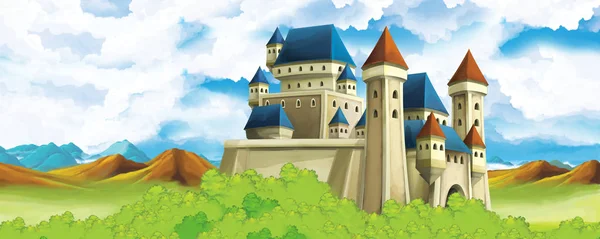 Scena di natura dei cartoni animati con bellissimo castello vicino alla foresta - illustrazione per i bambini — Foto Stock