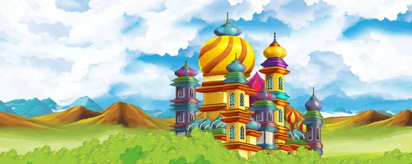 Cartoon nature scene with beautiful castle near the forest - illustration for the children — Stock Photo, Image