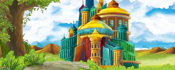 Tegneserie natur scene med smukke slot nær skoven - illustration for børnene - Stock-foto