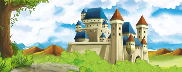 Dibujos animados escena de la naturaleza con hermoso castillo cerca del bosque - ilustración para los niños — Foto de Stock