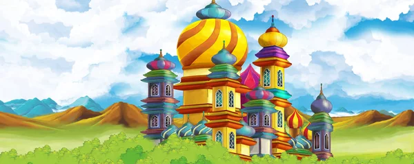 Cartoon nature scene with beautiful castle near the forest - illustration for the children — Stock Photo, Image