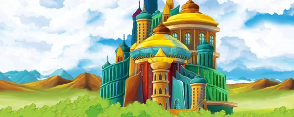 Scena di natura dei cartoni animati con bellissimo castello vicino alla foresta - illustrazione per i bambini — Foto Stock