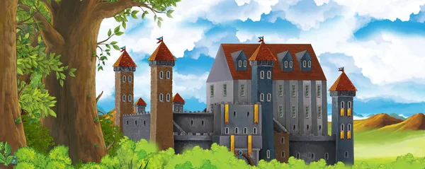 Cartoon-Naturszene mit schöner Burg am Waldrand - Illustration für die Kinder — Stockfoto