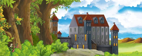 Cartoon nature scene with beautiful castle near the forest - illustration for the children — Stock Photo, Image