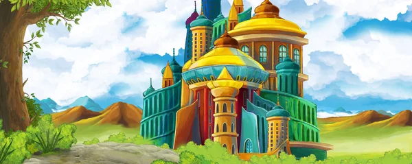 Cartoon nature scene with beautiful castle near the forest - illustration for the children — Stock Photo, Image