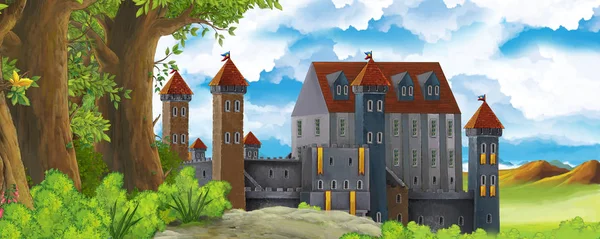 Cartoon nature scene with beautiful castle near the forest - illustration for the children — Stock Photo, Image