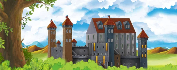 Dessin animé scène de nature avec beau château près de la forêt - illustration pour les enfants — Photo