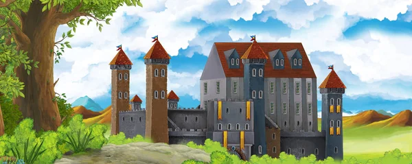 Cartoon nature scene with beautiful castle near the forest - illustration for the children — Stock Photo, Image