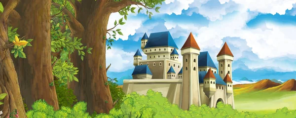 Cartoon natuur scène met prachtig kasteel in de buurt van het bos - illustratie voor de kinderen — Stockfoto