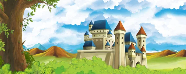 Cartoon nature scene with beautiful castle near the forest - illustration for the children — Stock Photo, Image