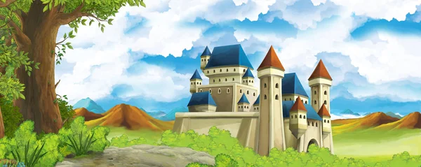 Dessin animé scène de nature avec beau château près de la forêt - illustration pour les enfants — Photo