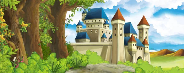 Cartoon-Naturszene mit schöner Burg am Waldrand - Illustration für die Kinder — Stockfoto