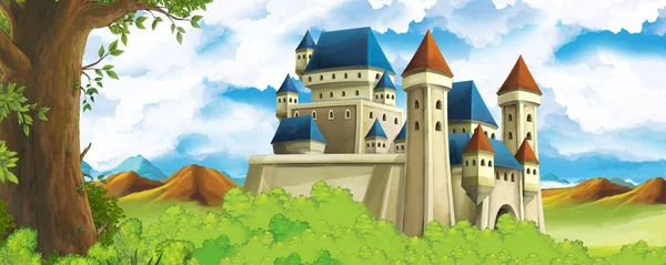 Cartoon nature scene with beautiful castle near the forest - illustration for the children — Stock Photo, Image