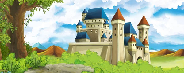 Scena di natura dei cartoni animati con bellissimo castello vicino alla foresta - illustrazione per i bambini — Foto Stock