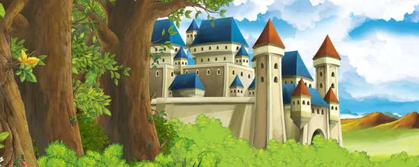 森林附近有美丽城堡的卡通自然场景-儿童图解 — 图库照片