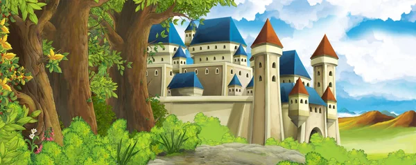 Dibujos animados escena de la naturaleza con hermoso castillo cerca del bosque - ilustración para los niños — Foto de Stock