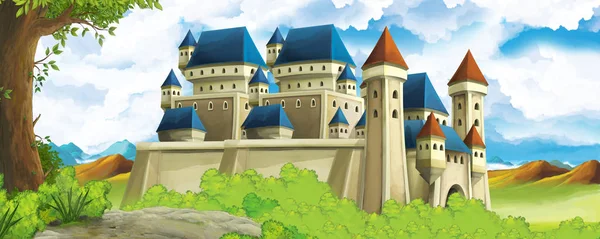 Cartoon nature scene with beautiful castle near the forest - illustration for the children — Stock Photo, Image