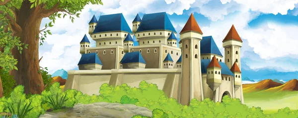 Dibujos animados escena de la naturaleza con hermoso castillo cerca del bosque - ilustración para los niños —  Fotos de Stock
