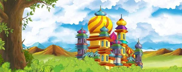 Cartoon nature scene with beautiful castle near the forest - illustration for the children — Stock Photo, Image