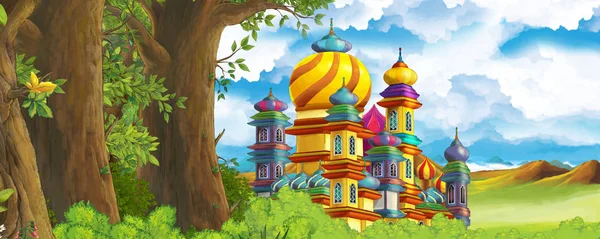 Dibujos animados escena de la naturaleza con hermoso castillo cerca del bosque - ilustración para los niños —  Fotos de Stock