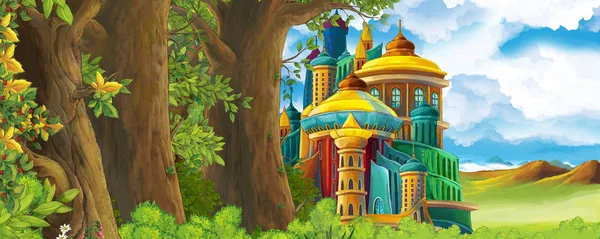 Adegan alam kartun dengan kastil indah di dekat hutan ilustrasi untuk anak-anak — Stok Foto
