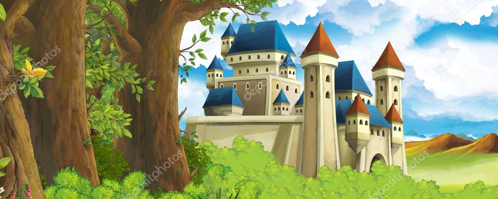 Cartoon nature scene with beautiful castle near the forest - illustration for the children