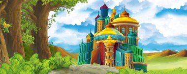 Ormanın yakınındaki güzel şatolu çizgi film doğa sahnesi - çocuklar için illüstrasyon