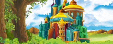 Ormanın yakınındaki güzel şatolu çizgi film doğa sahnesi - çocuklar için illüstrasyon