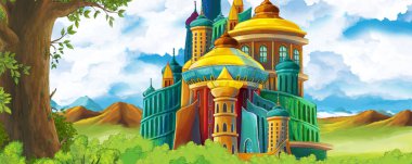 Ormanın yakınındaki güzel şatolu çizgi film doğa sahnesi - çocuklar için illüstrasyon