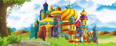 Ormanın yakınındaki güzel şatolu çizgi film doğa sahnesi - çocuklar için illüstrasyon