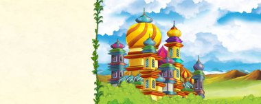 Karikatür doğa sahnesi. Ormanın yakınındaki güzel şatoda çocuklar için başlık sayfası - başlık sayfası