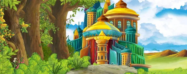 Scena di natura dei cartoni animati con bellissimo castello vicino alla foresta - illustrazione per i bambini — Foto Stock