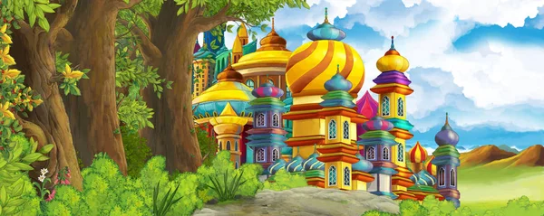 Cartoon nature scene with beautiful castle near the forest - illustration for the children — Stock Photo, Image