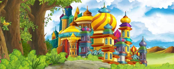 Cartoon nature scene with beautiful castle near the forest - illustration for the children — Stock Photo, Image