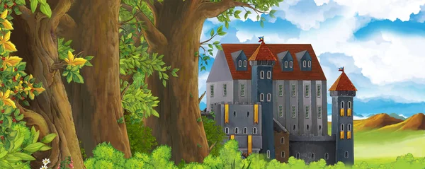 Tegneserie natur scene med smukke slot nær skoven - illustration for børnene - Stock-foto