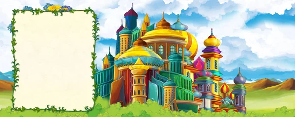 Dibujos animados escena de la naturaleza con hermoso castillo cerca del bosque con marco para el texto - portada - ilustración para los niños — Foto de Stock