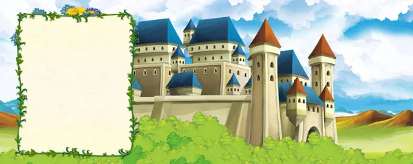 Dibujos animados escena de la naturaleza con hermoso castillo cerca del bosque con marco para el texto - portada - ilustración para los niños —  Fotos de Stock