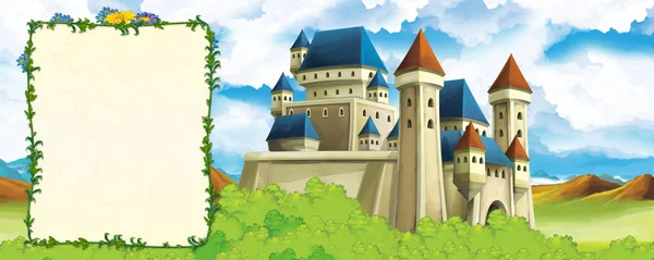 Cartoon-Naturszene mit wunderschönem Waldschloss mit Textrahmen - Titelseite - Illustration für die Kinder — Stockfoto