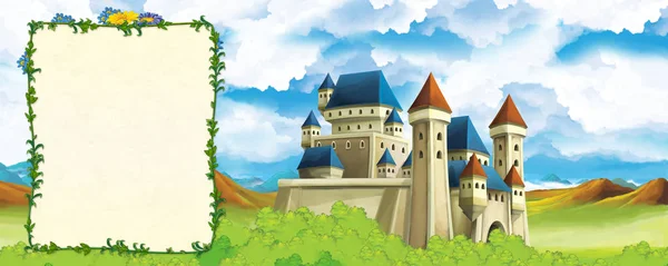 Dessin animé scène de nature avec beau château près de la forêt avec cadre pour le texte - page de titre - illustration pour les enfants — Photo