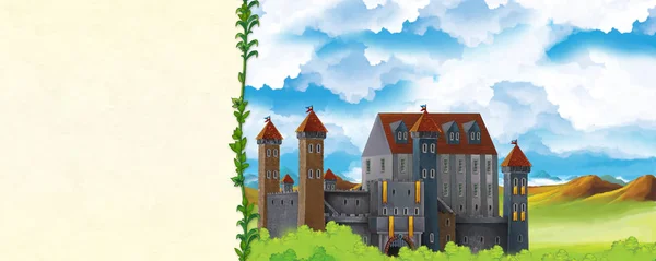 Cartoon nature scene with beautiful castle near the forest with frame for text - title page - illustration for the children — Stock Photo, Image