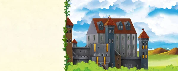 Dibujos animados escena de la naturaleza con hermoso castillo cerca del bosque con marco para el texto - portada - ilustración para los niños —  Fotos de Stock